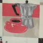 Preview: Dekostoff in weiss und rot kariert mit Motiven von Kaffetassen und Kaffekannen,