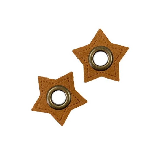 Vier braune Ösenpatches aus Kunstleder in Sternform mit Durchmesser von 8mm.
