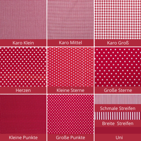 Baumwollstoff in rot mit verschiedenen Mustern.