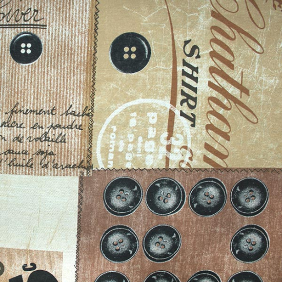 dekostoff in verschiedenen brauntoenen gemustert mit patches aus verschiedenen vintagemotiven