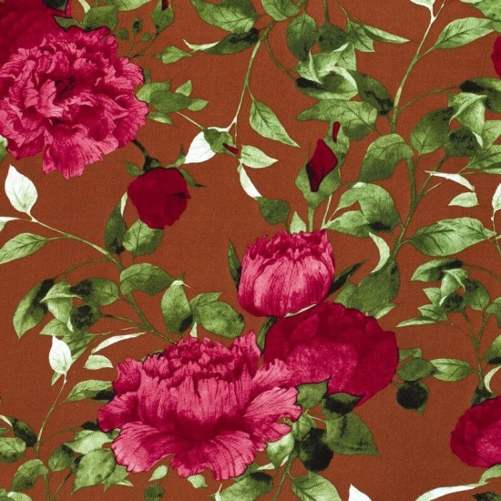 Viskosestoff in rostfarben gemustert mit grossen roten Blumenmotiven